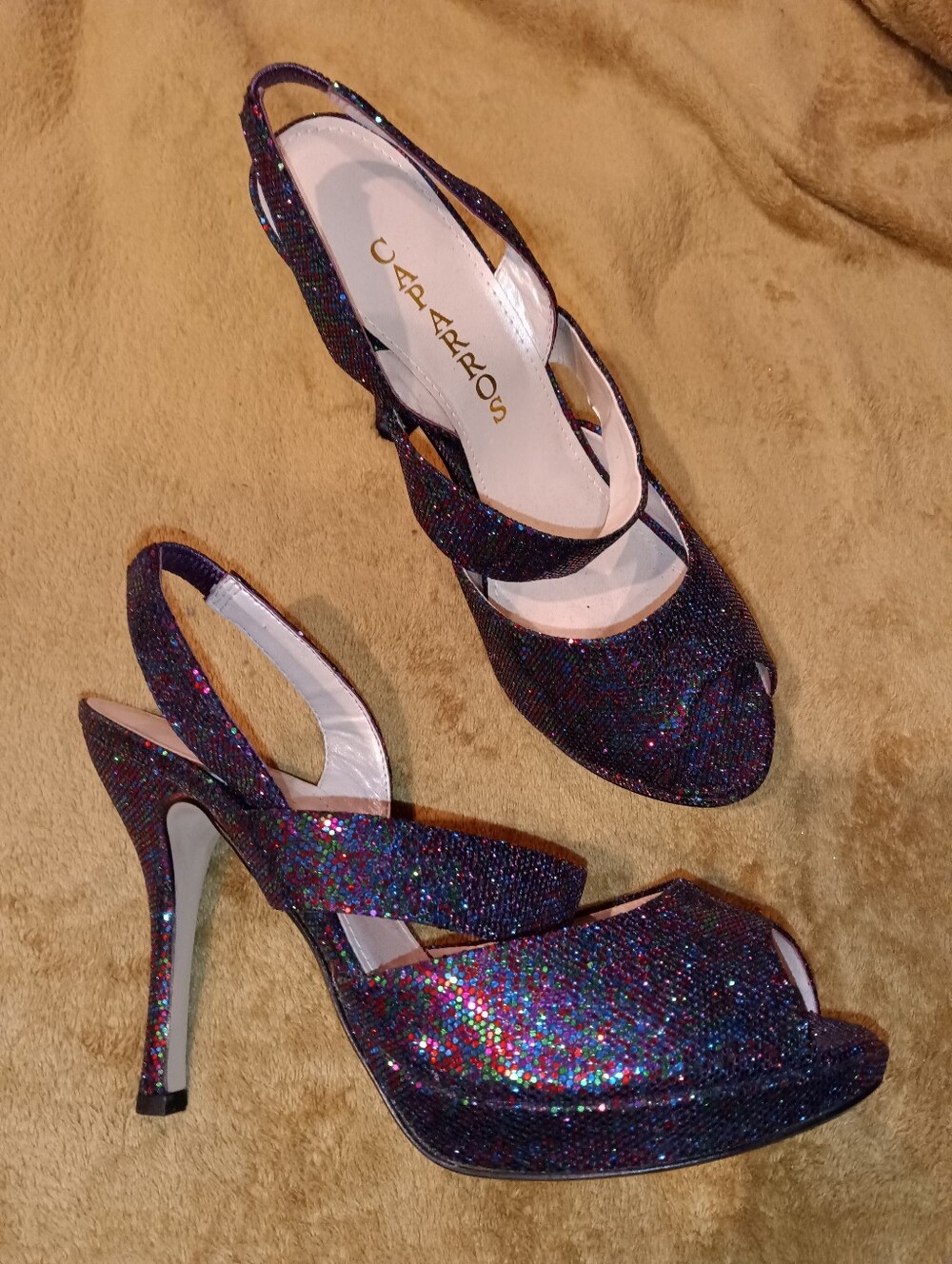 Caparros Purple Multicolor Glitter Slingback Peep-Toe Heels